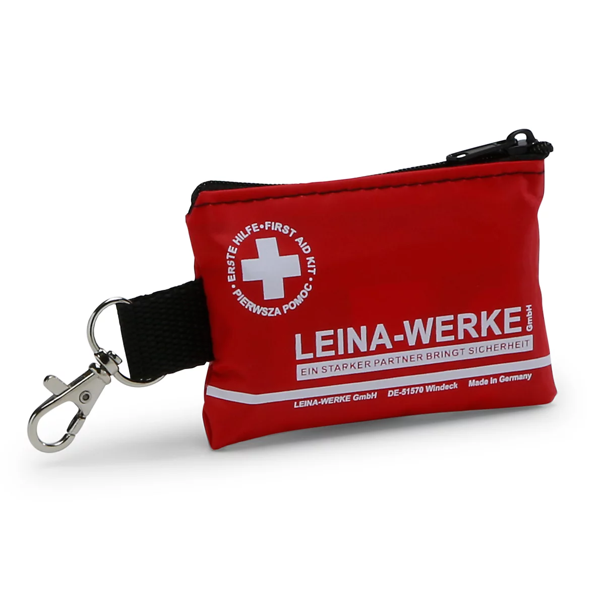 Pochette de premiers secours rouge Leina-Werke avec logo blanc et mousqueton sur fond blanc.