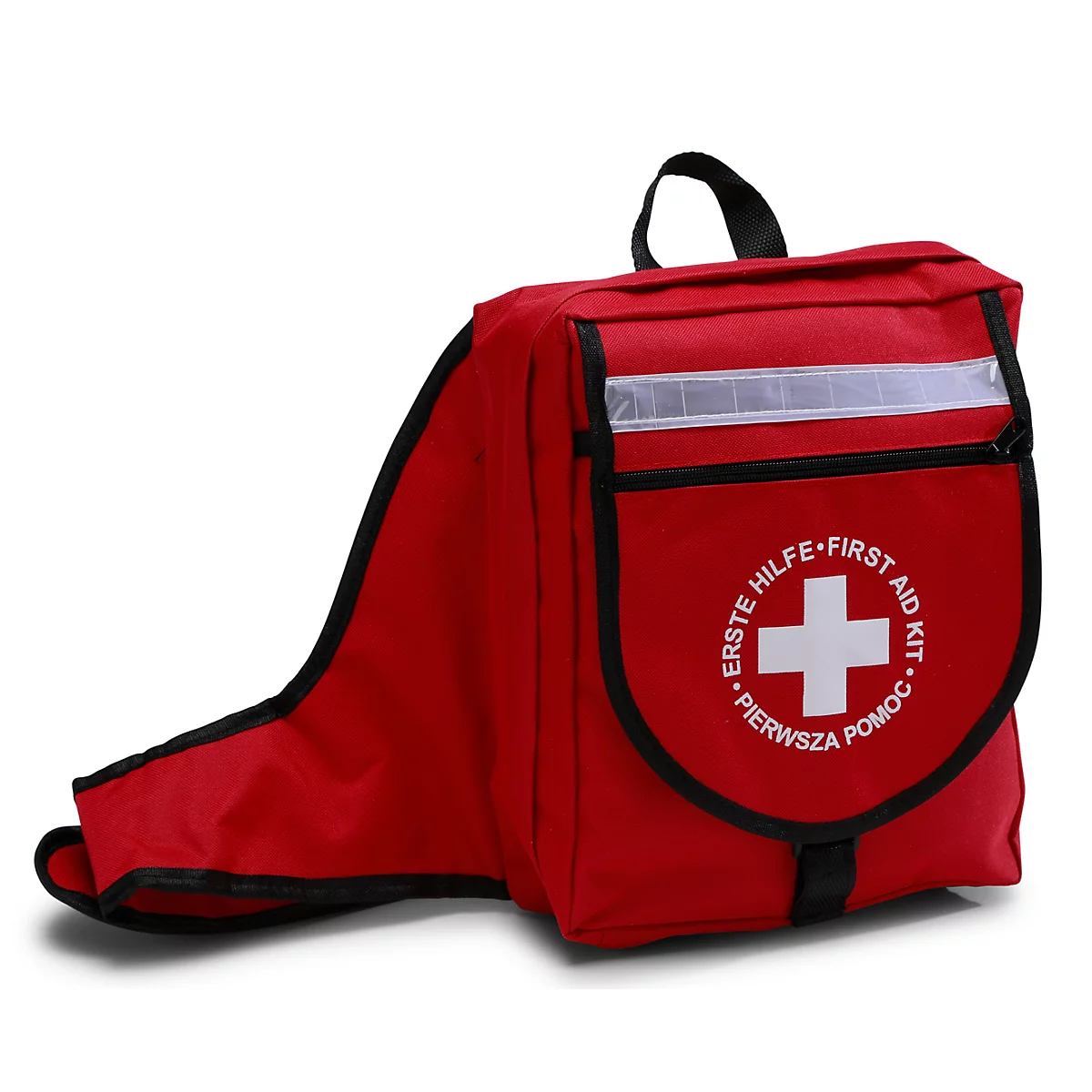 Sac à dos de premiers secours rouge avec logo croix blanche sur fond blanc.