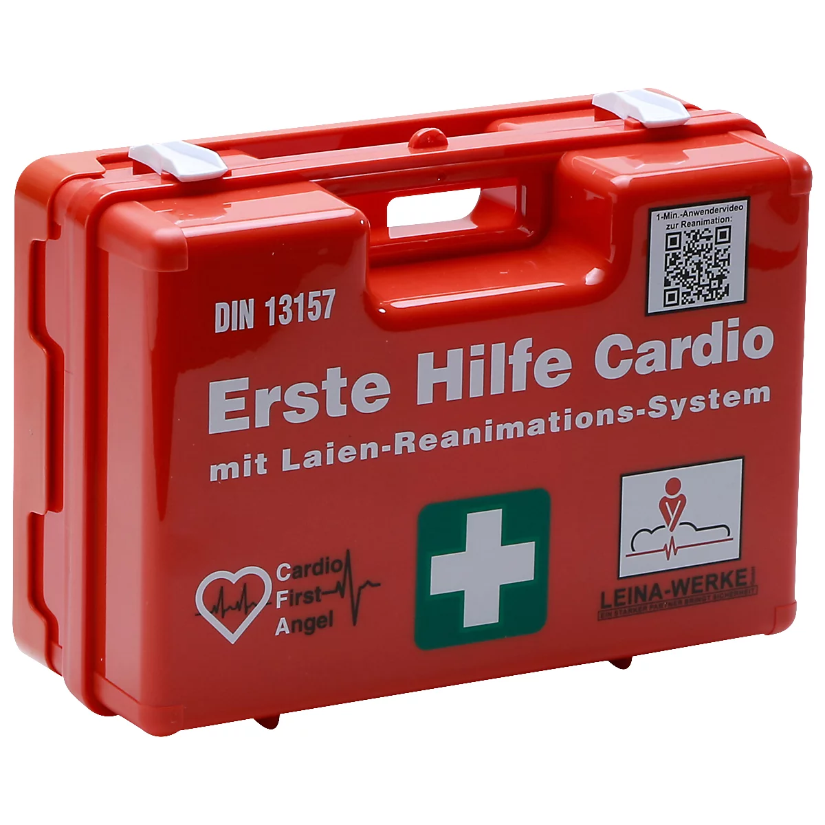 Roter Erste-Hilfe-Koffer mit weißem Kreuz, Aufschrift 'Erste Hilfe Cardio' und QR-Code vor neutralem Hintergrund.