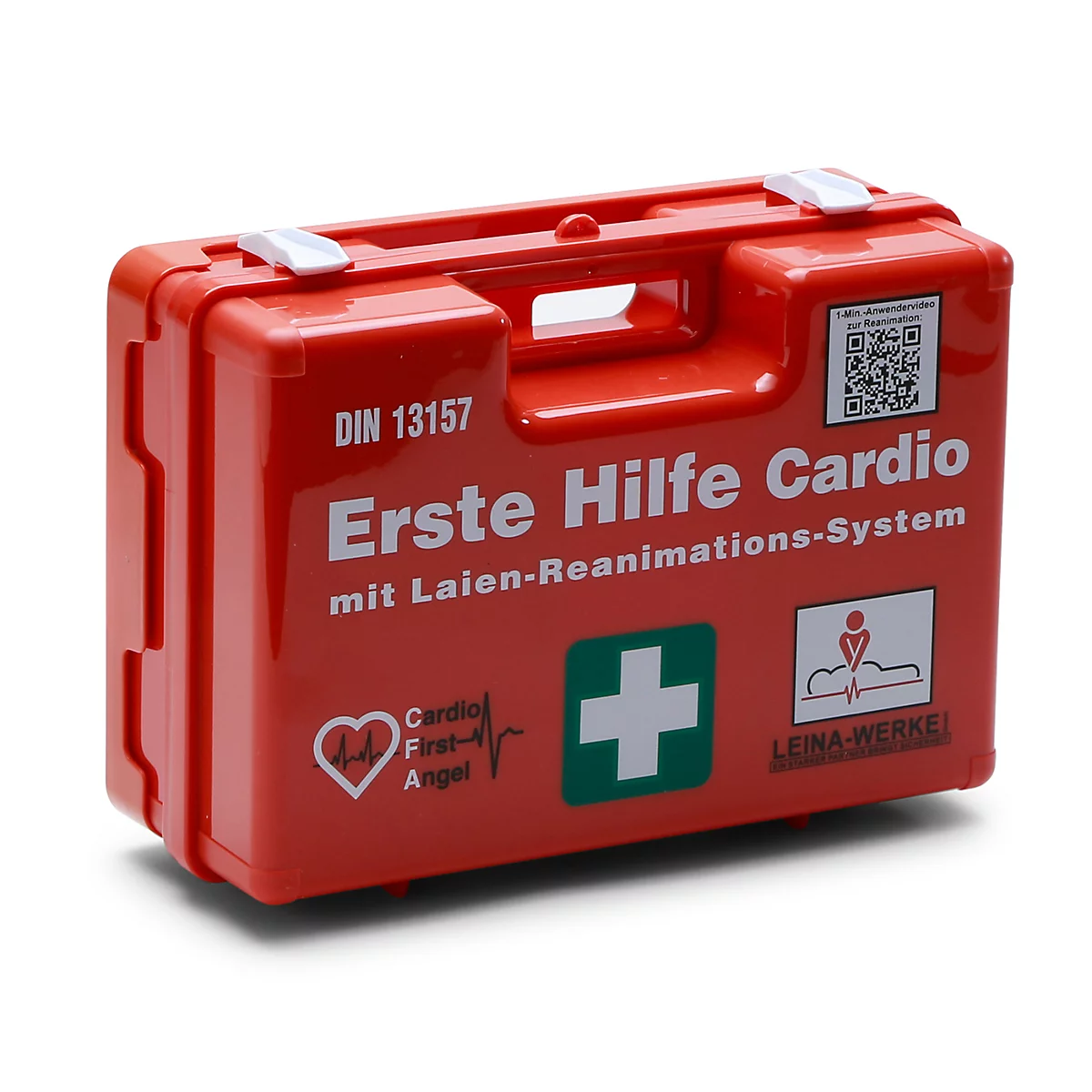 Trousse de premiers secours rouge avec texte blanc et croix verte sur fond blanc.