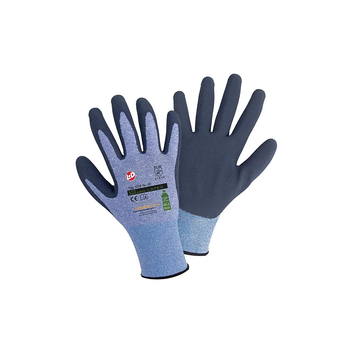 LEIPOLD+DÖHLE Feinstrickhandschuh Goes Green, Gr. 10, EN ISO 21420, EN 388, RPET/Polyester, Latex-Beschichtung blau/dunkelblau