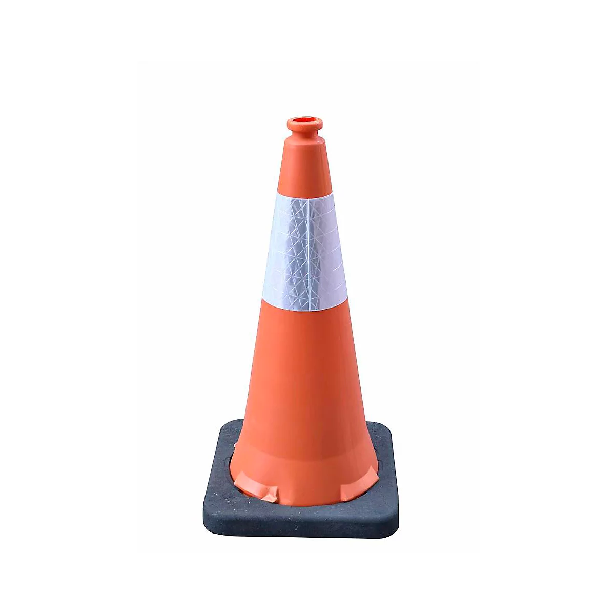 Orangefarbener Verkehrskegel mit einem reflektierenden weissen Streifen auf einer quadratischen, schwarzen Basis.