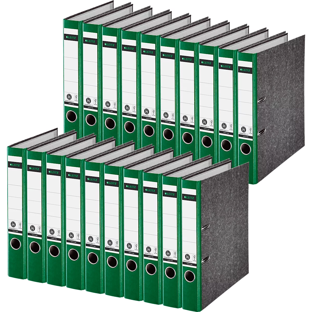 LEITZ®1050 carpetas, DIN A4, ancho de lomo 52 mm, agujero de agarre, etiqueta de lomo pegada, cartón duro, 20 unidades, verde