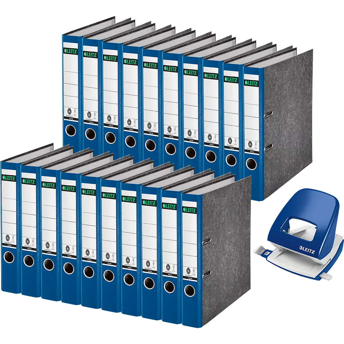 Leitz 1050 map, rugbreedte 52 mm, 20 stuks + Leitz 5008 perforator, 3 mm/30 vel, blauw