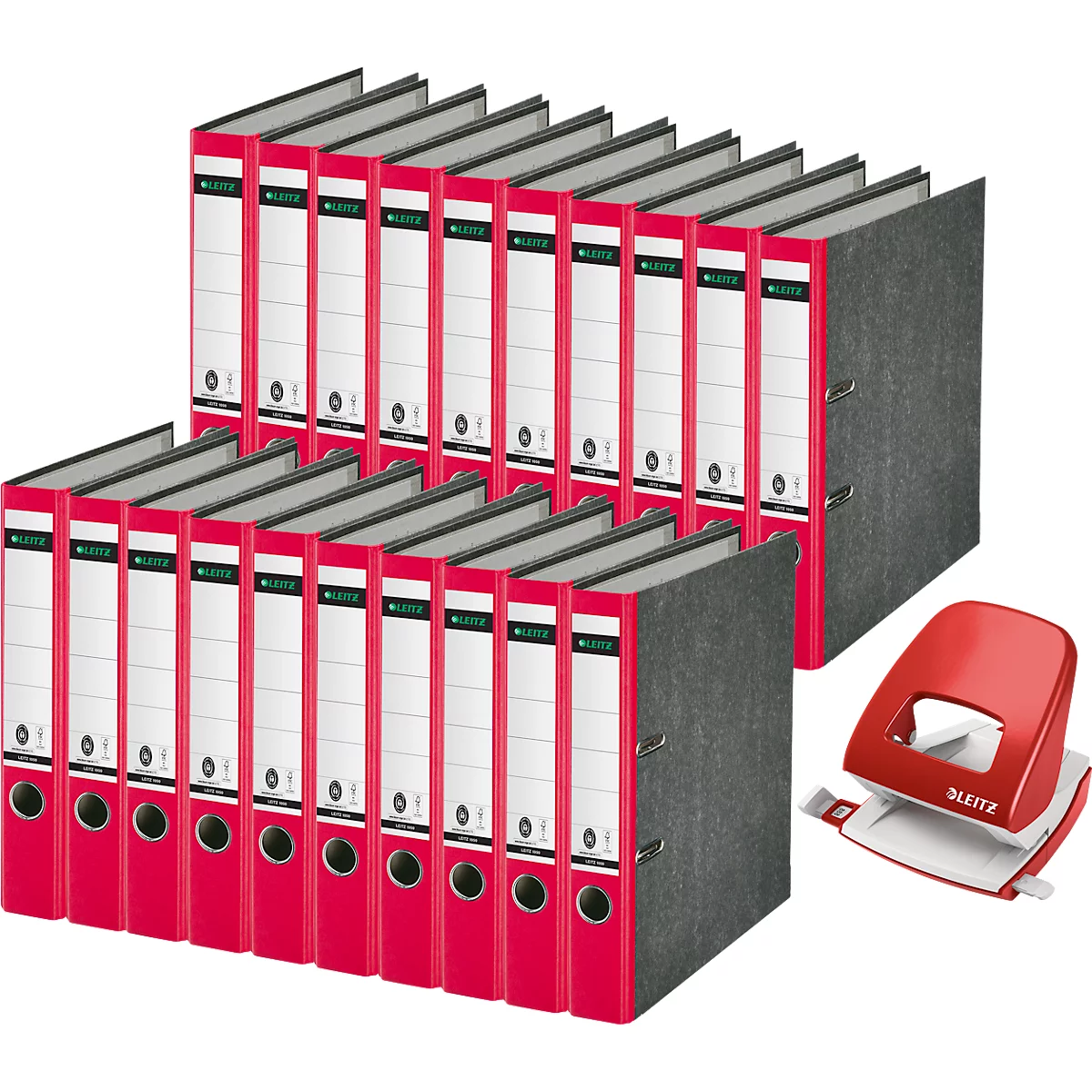 Leitz 1050 map, rugbreedte 52 mm, 20 stuks + Leitz 5008 perforator, 3 mm/30 vel, rood