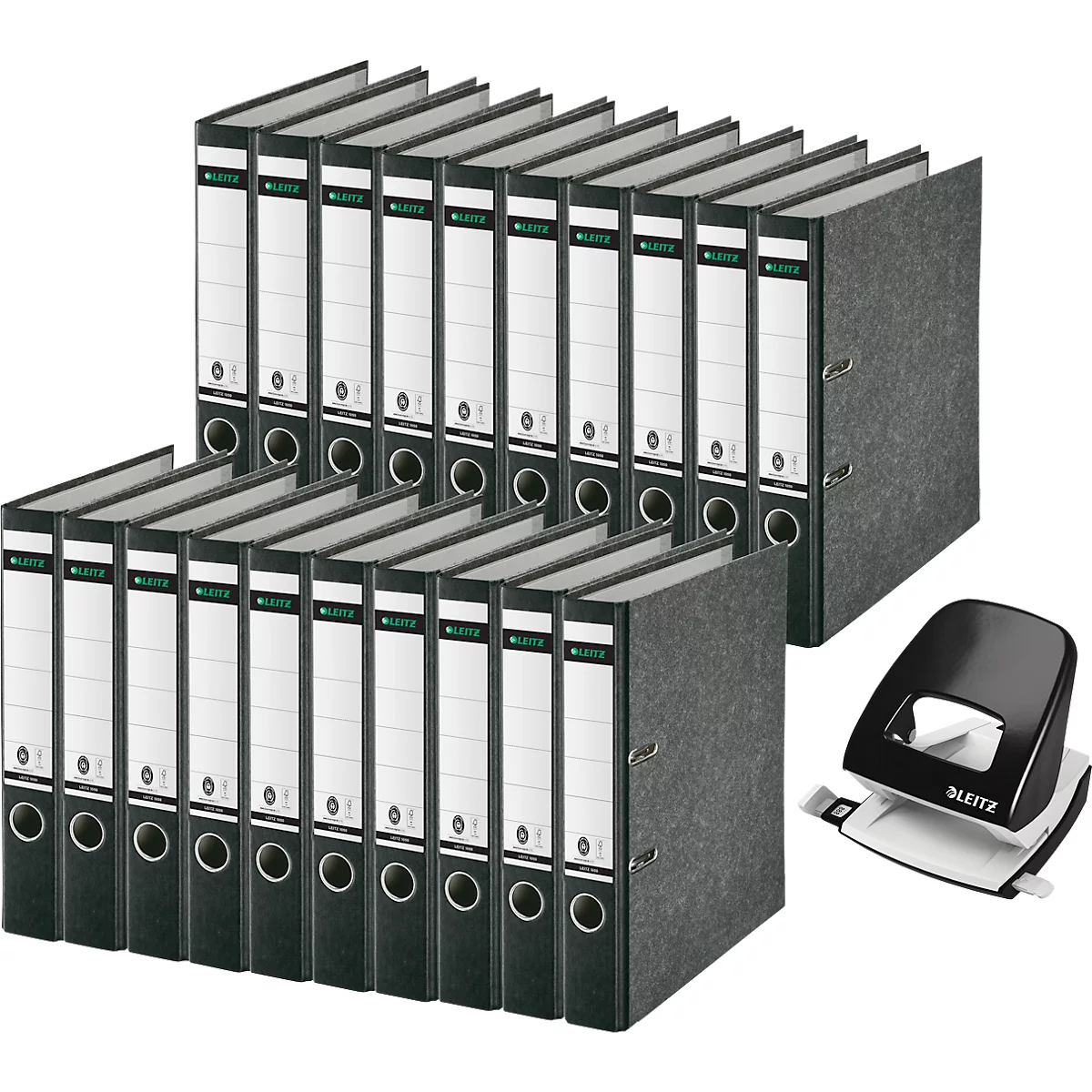 Leitz 1050 map, rugbreedte 52 mm, 20 stuks + Leitz 5008 perforator, 3 mm/30 vel, zwart