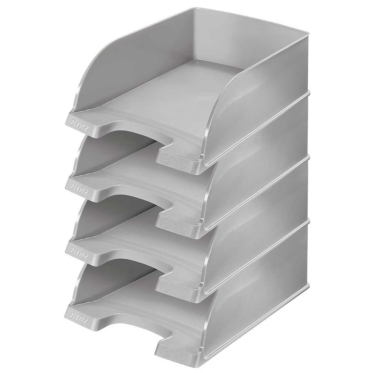 Grauer, gestapelter Briefkorb-Organizer mit vier Ebenen. Leitz-Logo auf jeder Ebene.