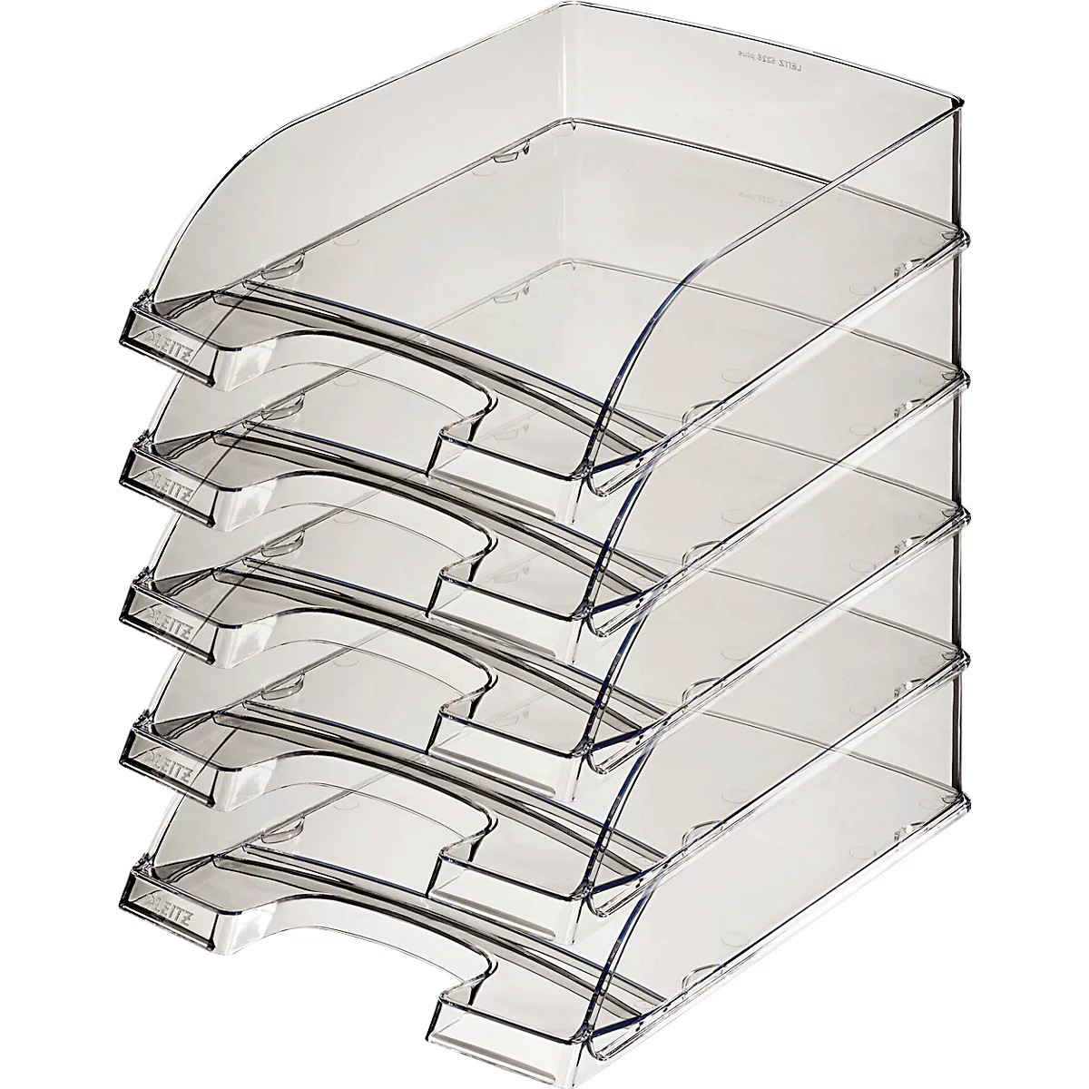 Transparenter Aktenständer mit 5 Fächern. Jedes Fach hat eine bogenförmige Vorderseite und eine rechteckige Form.