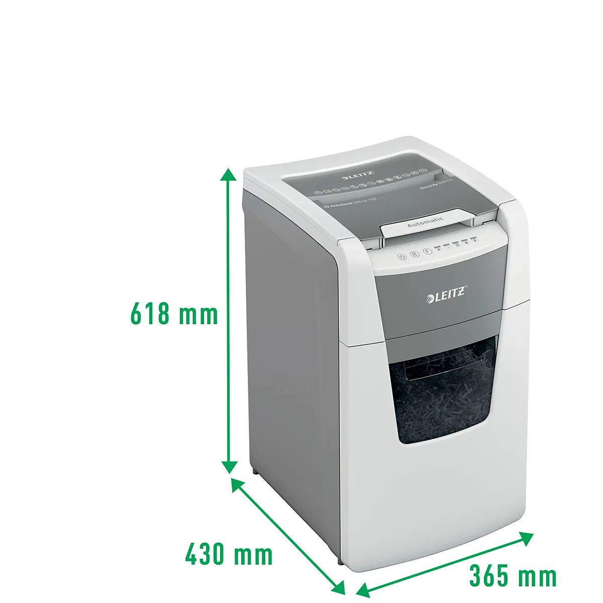 LEITZ Aktenvernichter IQ Autofeed Office Pro 150, vollautomatisch, 2 x 15 mm Mikropartikelschnitt, P-5, 44 l, Schnittleistung: 6-150 Blatt, weiss