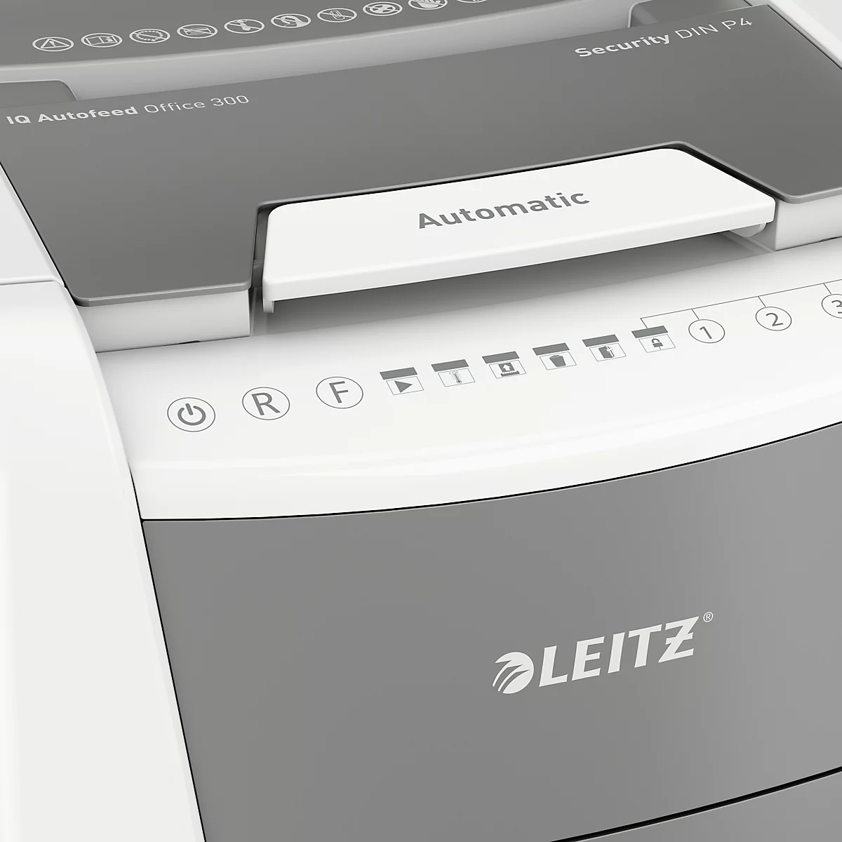 LEITZ Aktenvernichter IQ Autofeed Office Pro 300, vollautomatisch, Partikelschnitt 4 x 26 mm P-4, 60 l, 10-300 Blatt Schneidkapazität, mit Lenkrollen, weiss