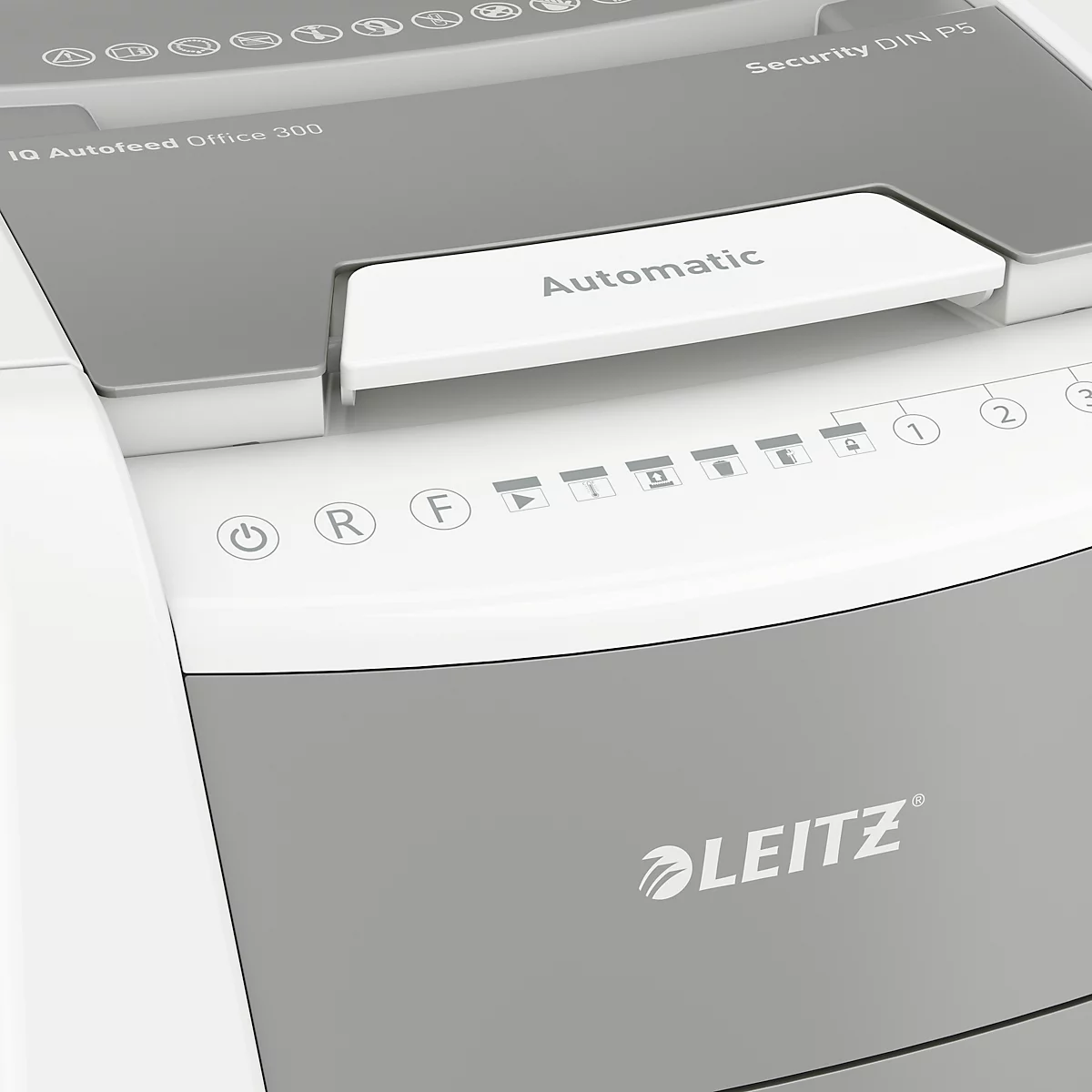 LEITZ Aktenvernichter IQ Autofeed Office Pro 600, vollautomatisch, 4 x 30 mm Partikelschnitt, P-4, 110 l, Schnittleistung: 15-600 Blatt mit Lenkrollen, weiß