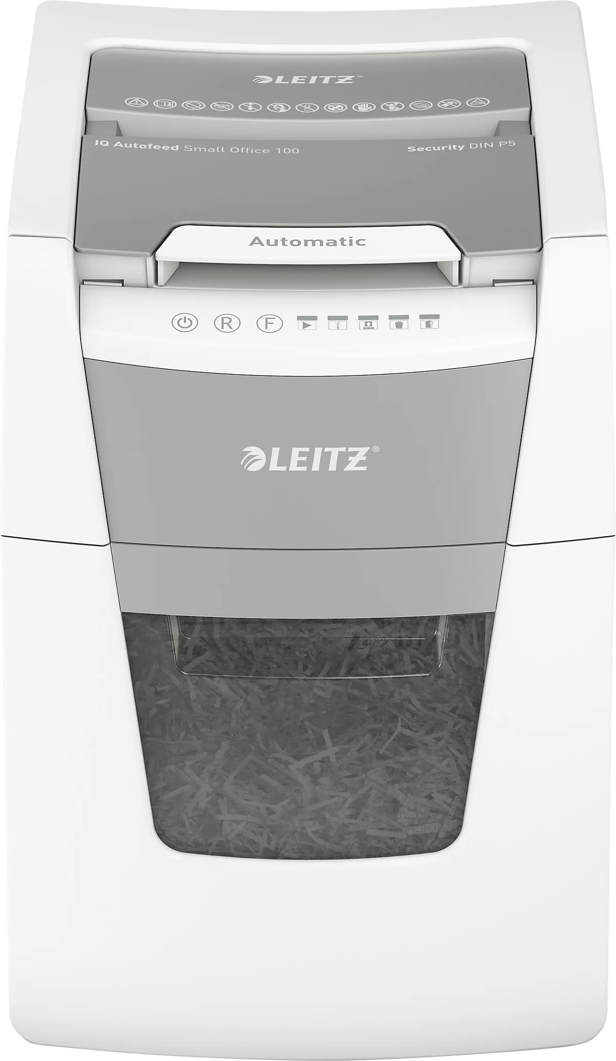LEITZ Aktenvernichter IQ Autofeed Small Office 100, vollautomatisch, 2 x 15 mm Mikropartikelschnitt, P-5, 34 l, 6-100 Blatt Schneidkapazität, weiß