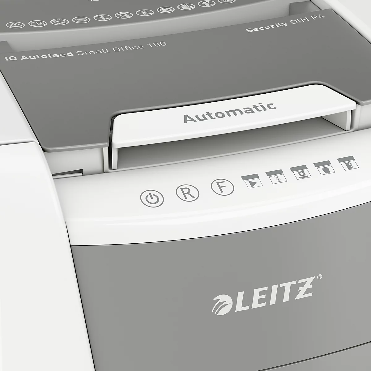 LEITZ Aktenvernichter IQ Autofeed Small Office 100, vollautomatisch, Partikelschnitt 4 x 28 mm P-4, 34 l, 8-100 Blatt Schneidkapazität, weiß