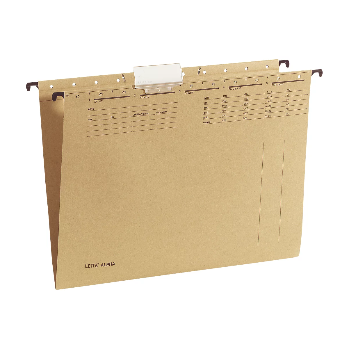 Beige hanging file folder with labeling fields and black holders. Inscription: Leitz Alpha.