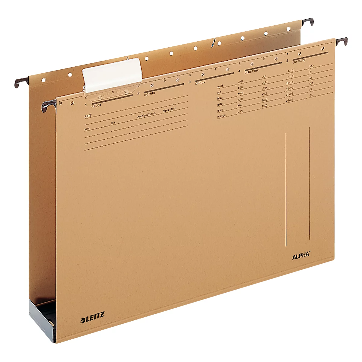 Beige hanging file with black metal hangers. Printed numbers and labels. The Leitz logo is visible.