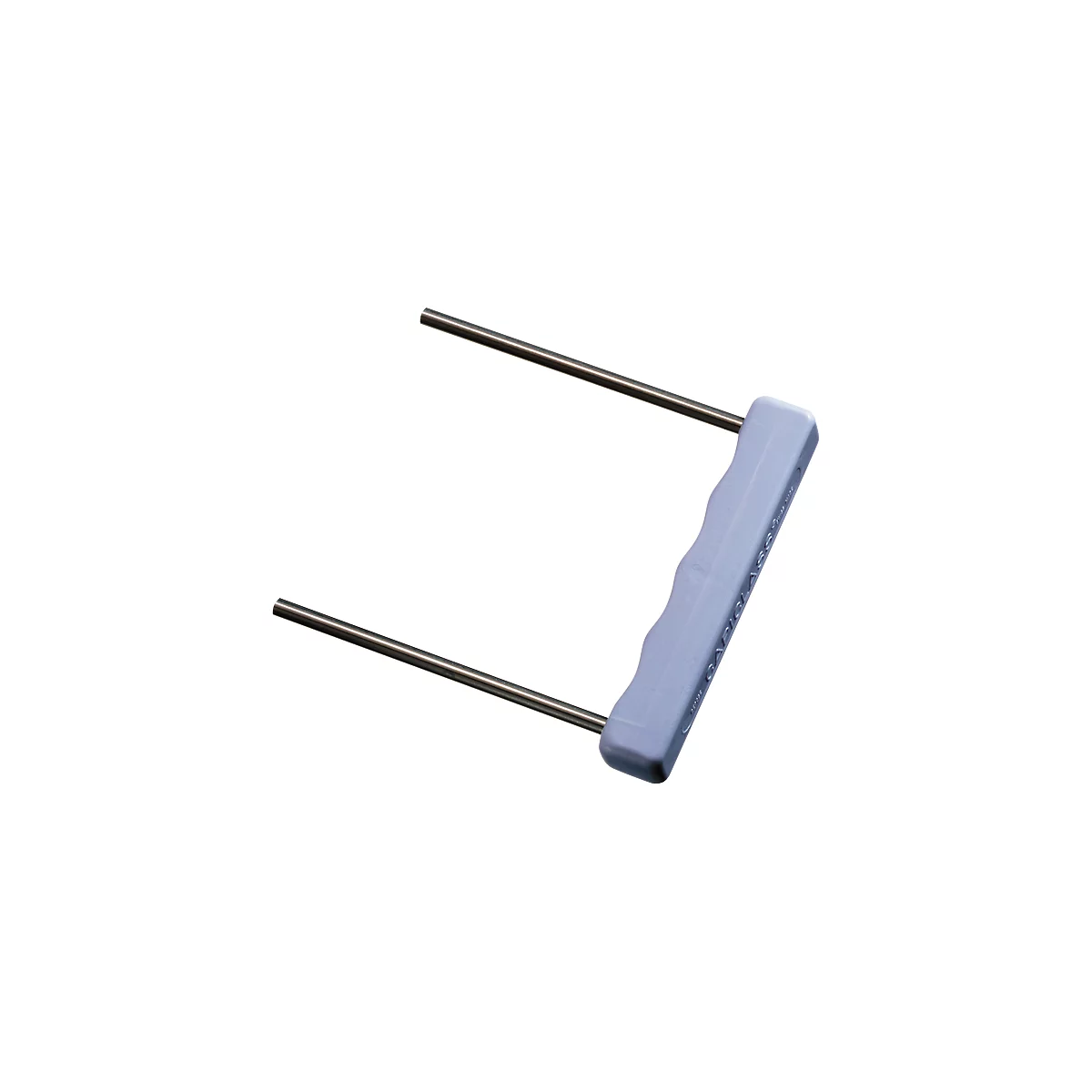 Een lichtblauw gereedschap met een handvat en twee metalen staven. Op het handvat staat 'RapidGlass'.