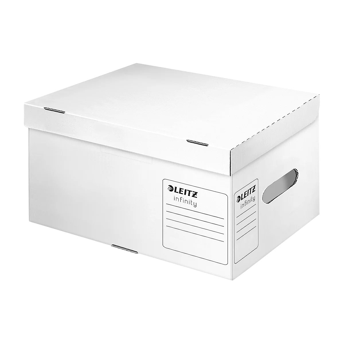 White Leitz Infinity archive box with handle hole and label. The box says "LEITZ infinity".