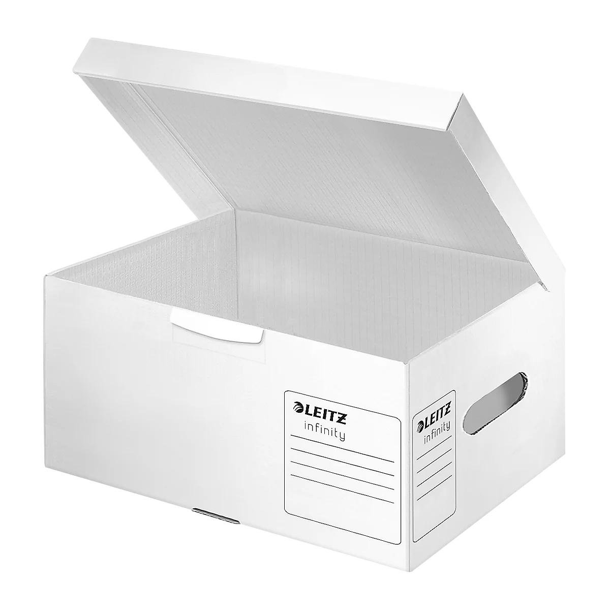 White file box, lid open, with handle. "LEITZ infinity" is written on the box.