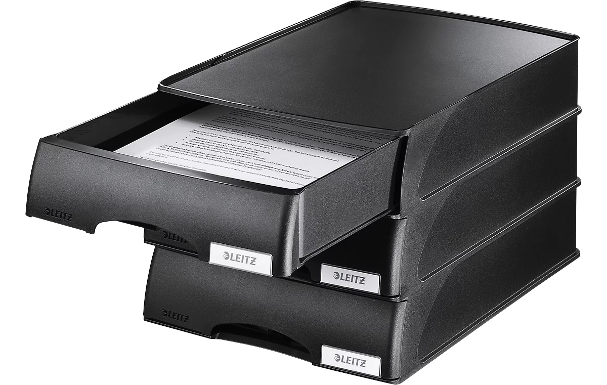 LEITZ® bandeja para cartas con cajón Plus, A4, plástico, paquete de 4, negro