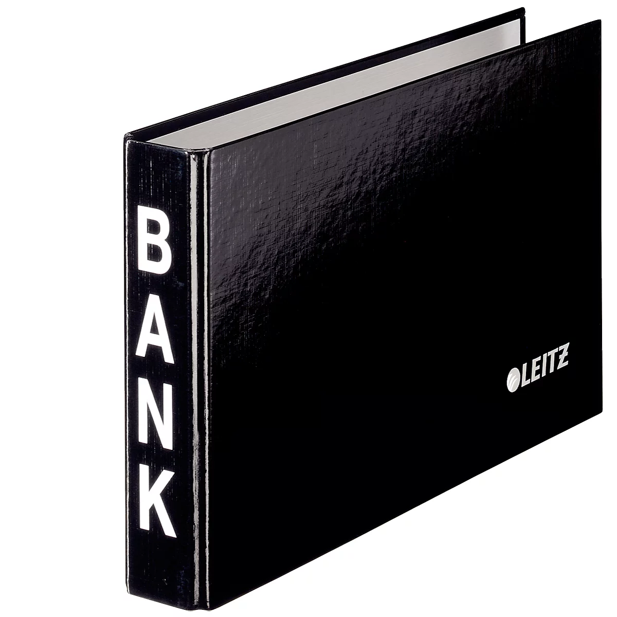 Black binder with the letters BANK. Leitz logo on the bottom right. Opened book with white pages.