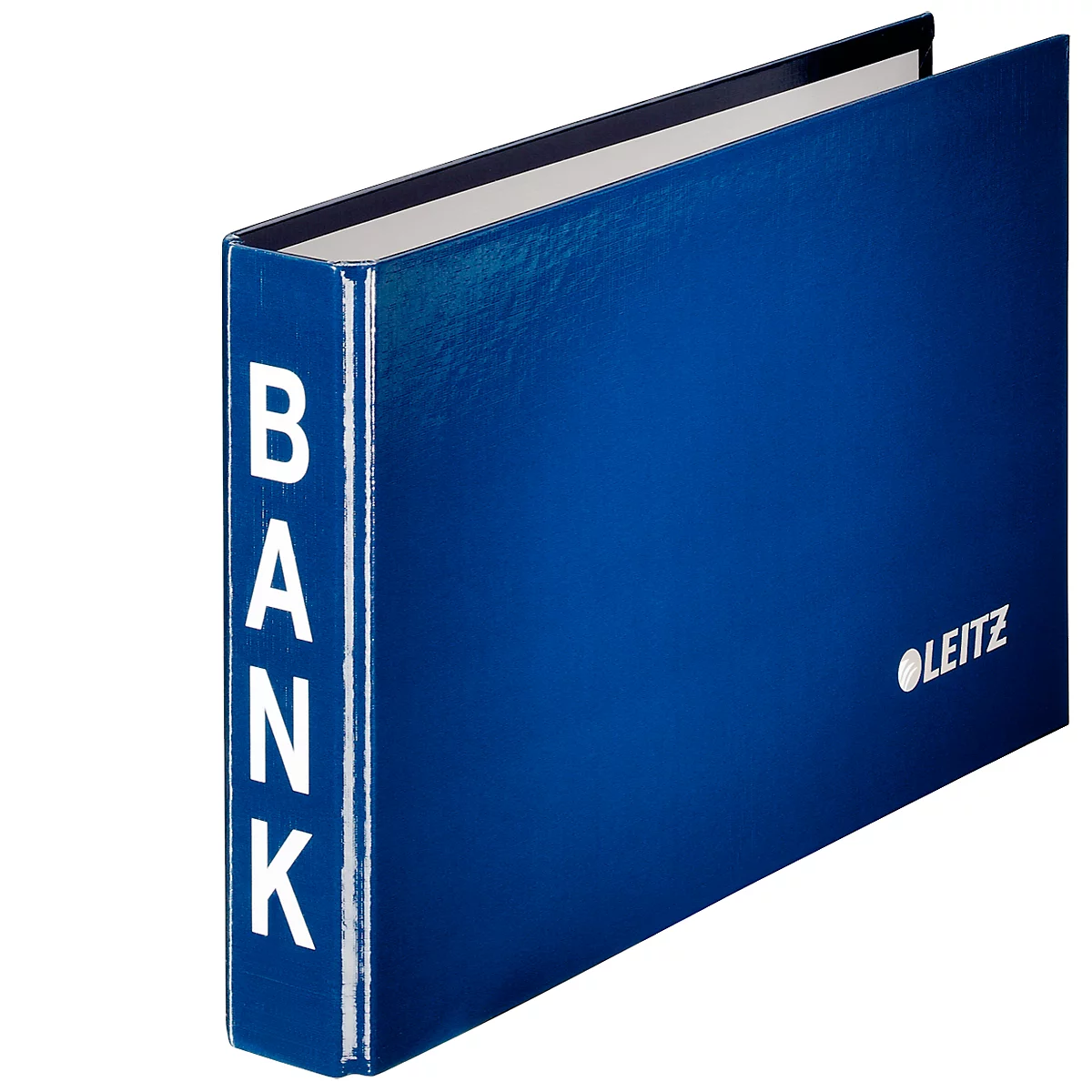 Blue file folder with white lettering "BANK" and the Leitz logo. The open book is diagonal, the inside pages are white.