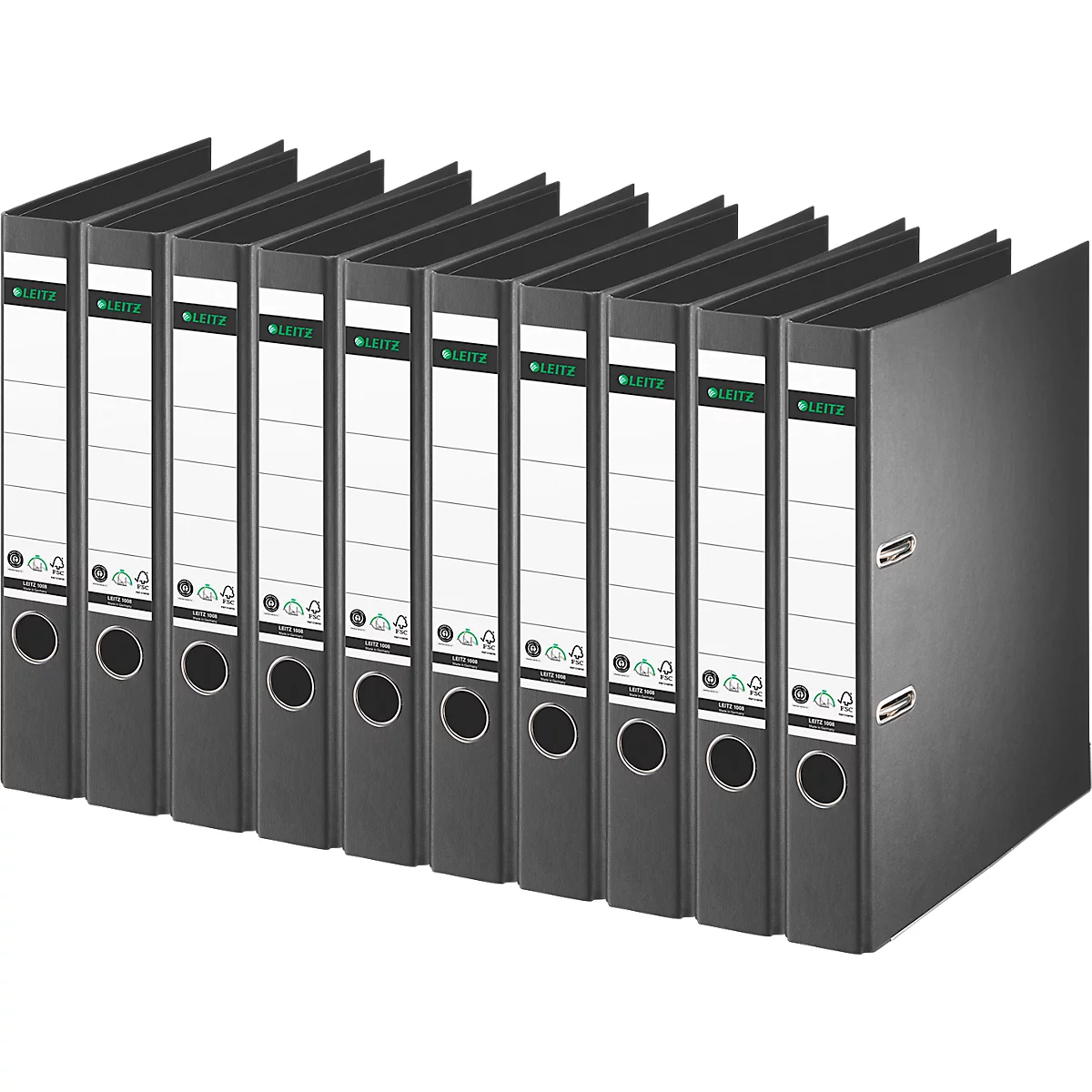 Row of black ring binders with white labels, stacked. The word "Leitz" is visible on the spines.
