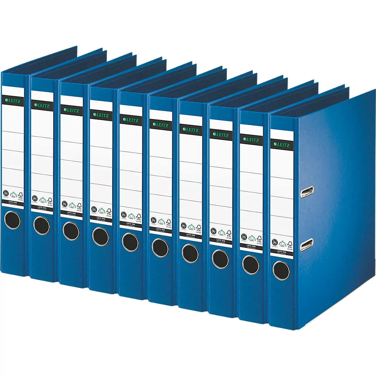 Rows of blue binders with white labels, with lettering and black rings.