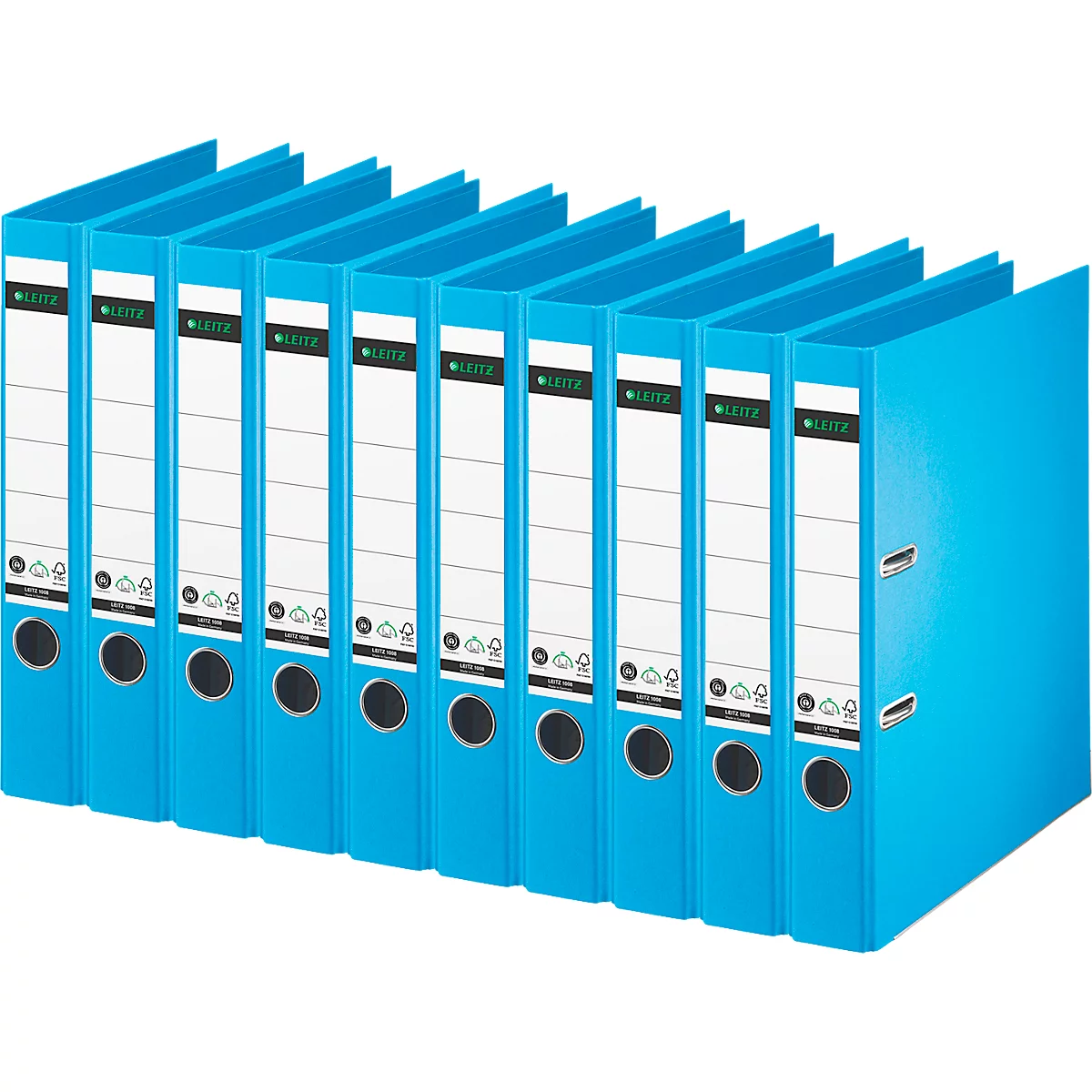 Row of turquoise binders, with white labels and black lettering. A logo on the left.