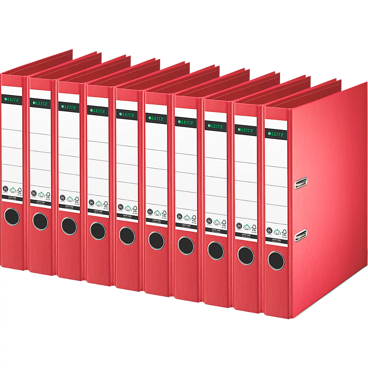 Red file folders arranged side by side. White labels with green accents stand out.