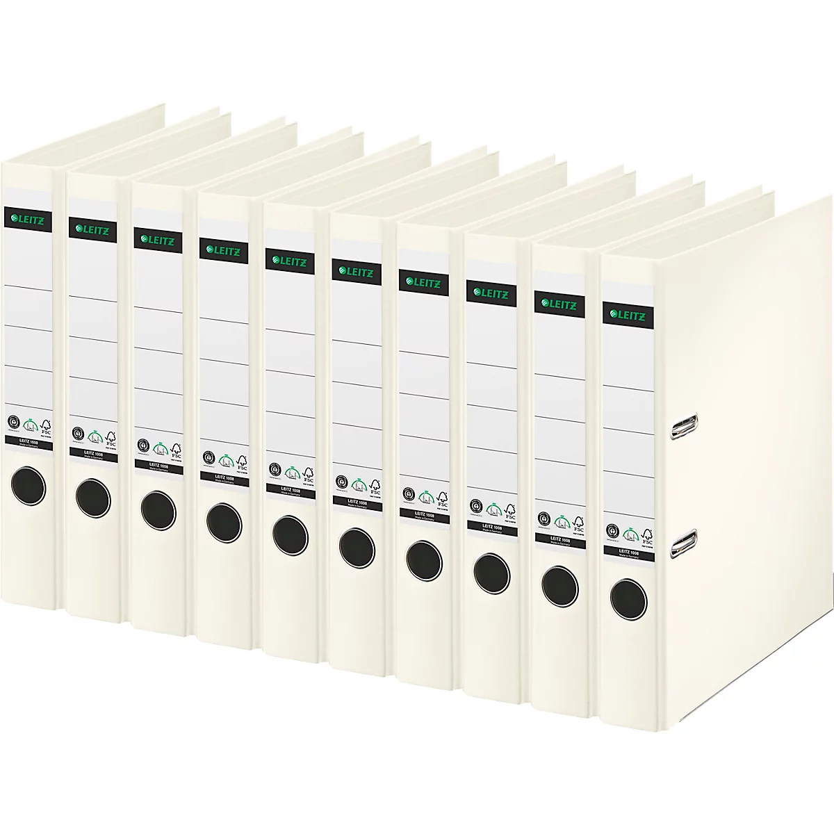 Eight cream-colored binders, lined up side by side. They have black rings and the 'LEITZ' logo.