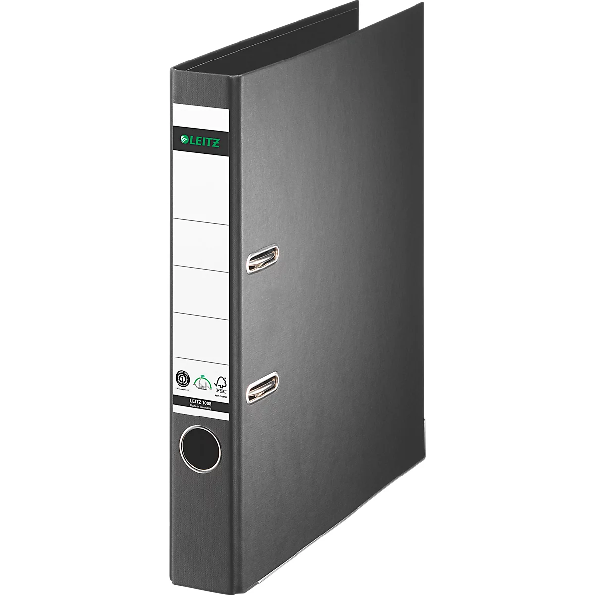 A gray Leitz binder is standing at a slight angle. A white label and the Leitz logo are visible on the front.