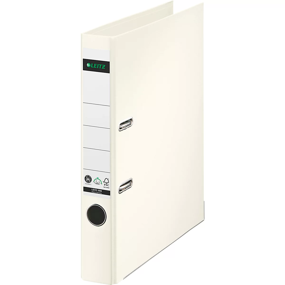 Ivory Leitz file folder, the front side labeled. There are labels and the green Leitz logo on the front.