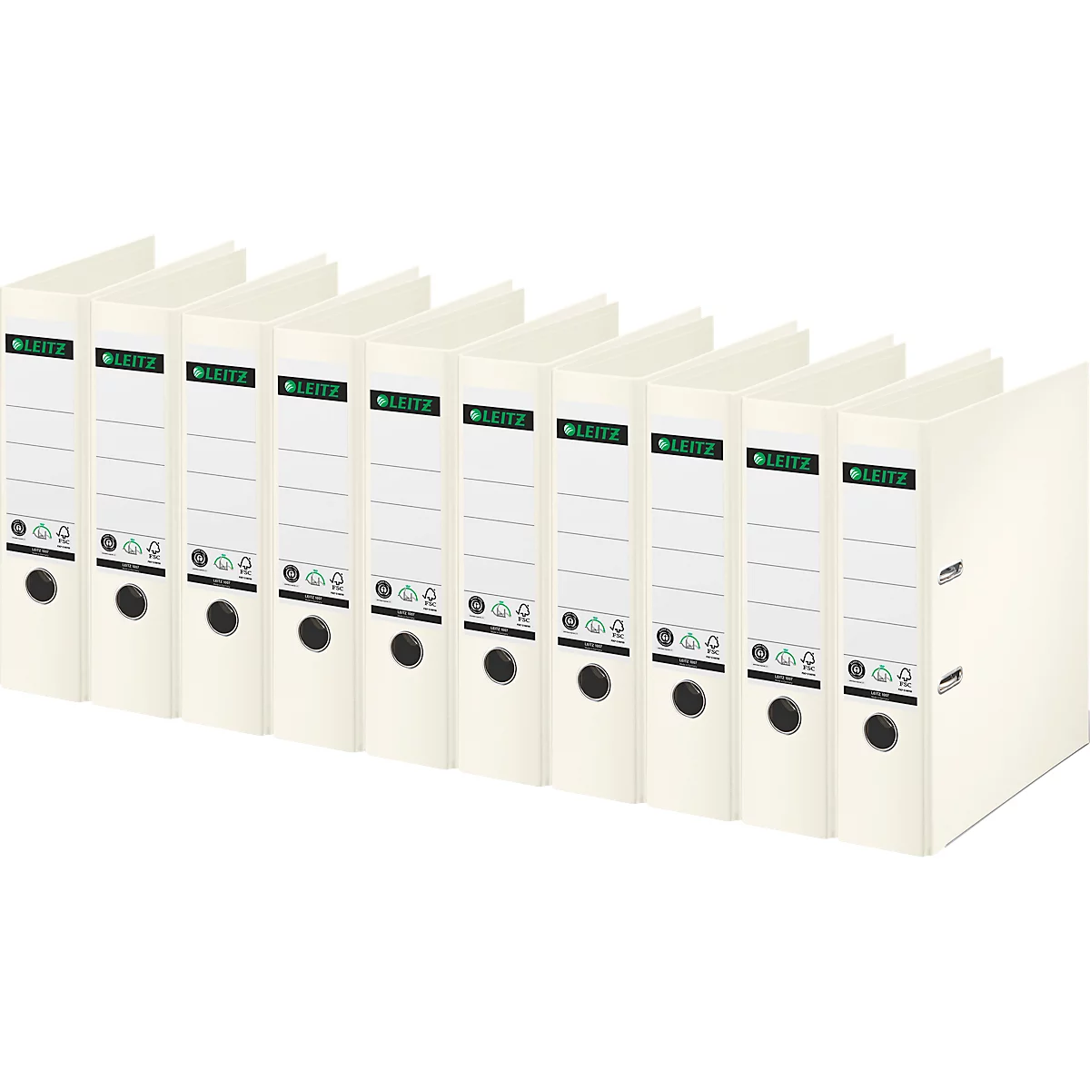 Row of white office binders, labeled with the green „LEITZ“ logo.