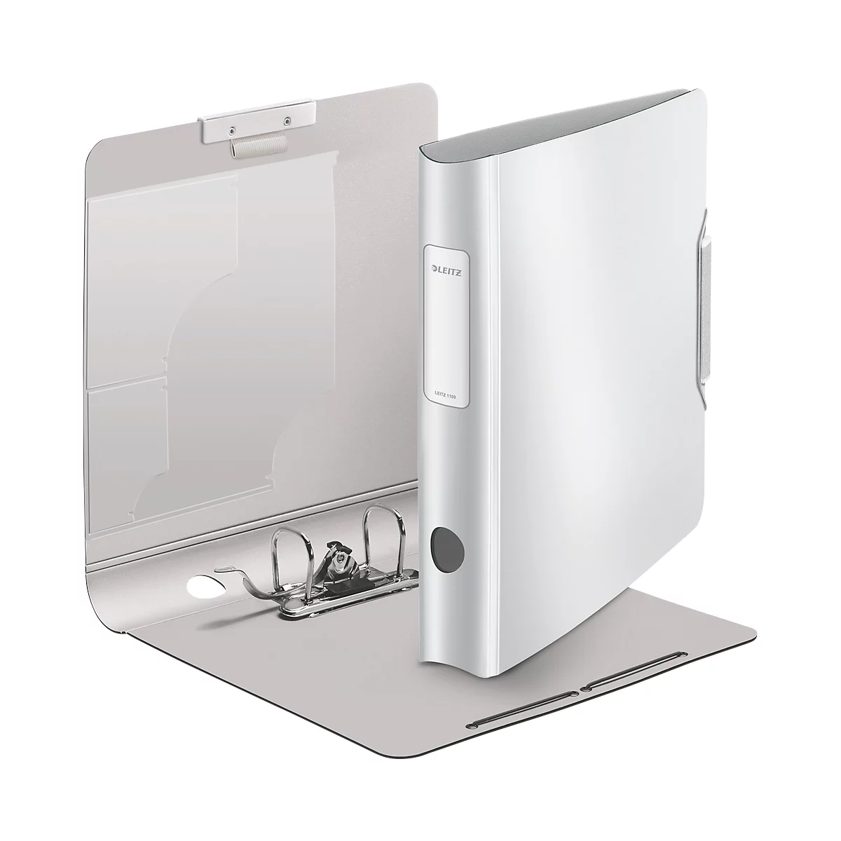 Grey file folder with metal clips, partially open. The folder has white lettering "LEITZ".