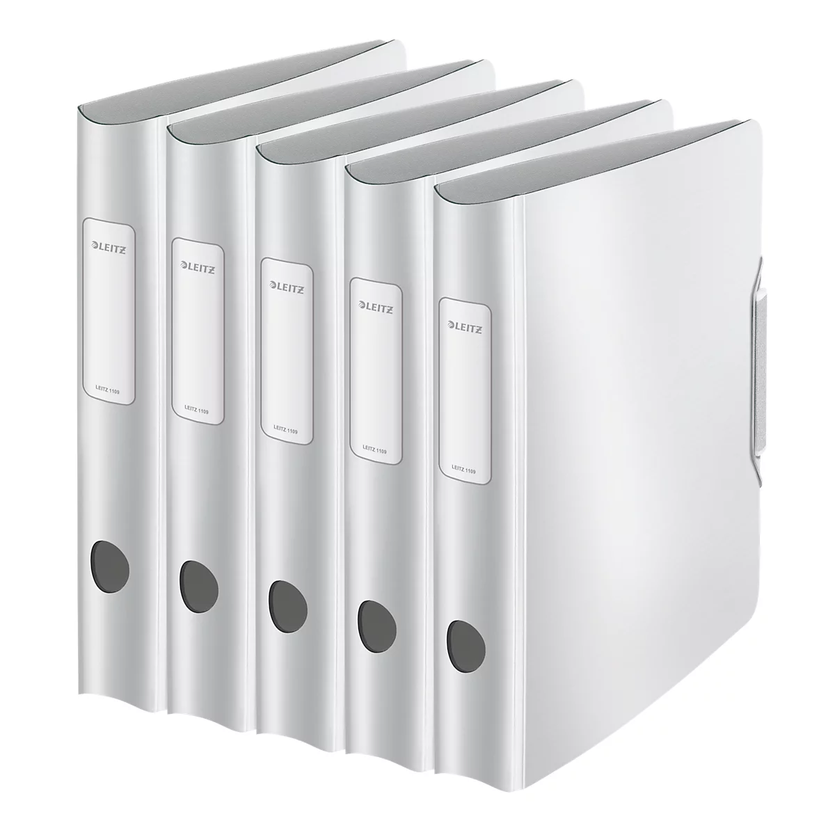 Five white file folders side by side. Each folder has a label with "Leitz" on it.