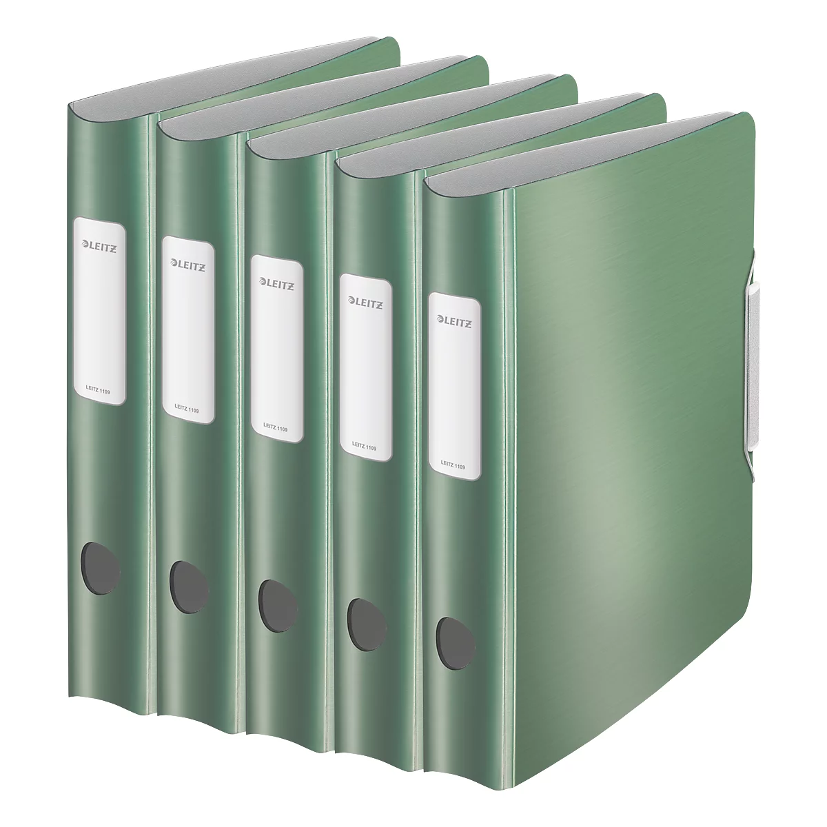 Five green binders with white labels. The binders are standing next to each other, the Leitz logo is clearly visible.