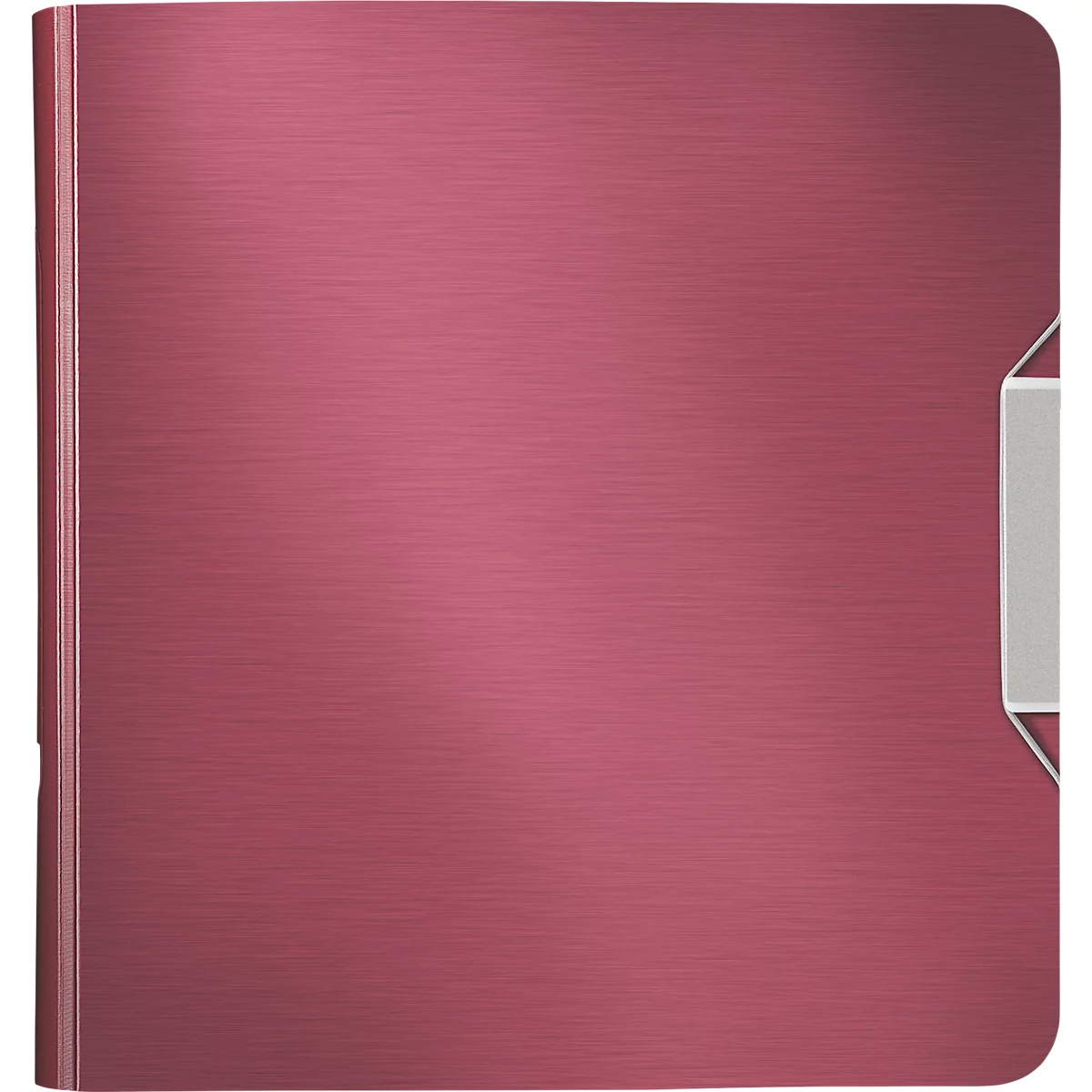 A burgundy-colored binder with a slightly textured surface and a white name tag.