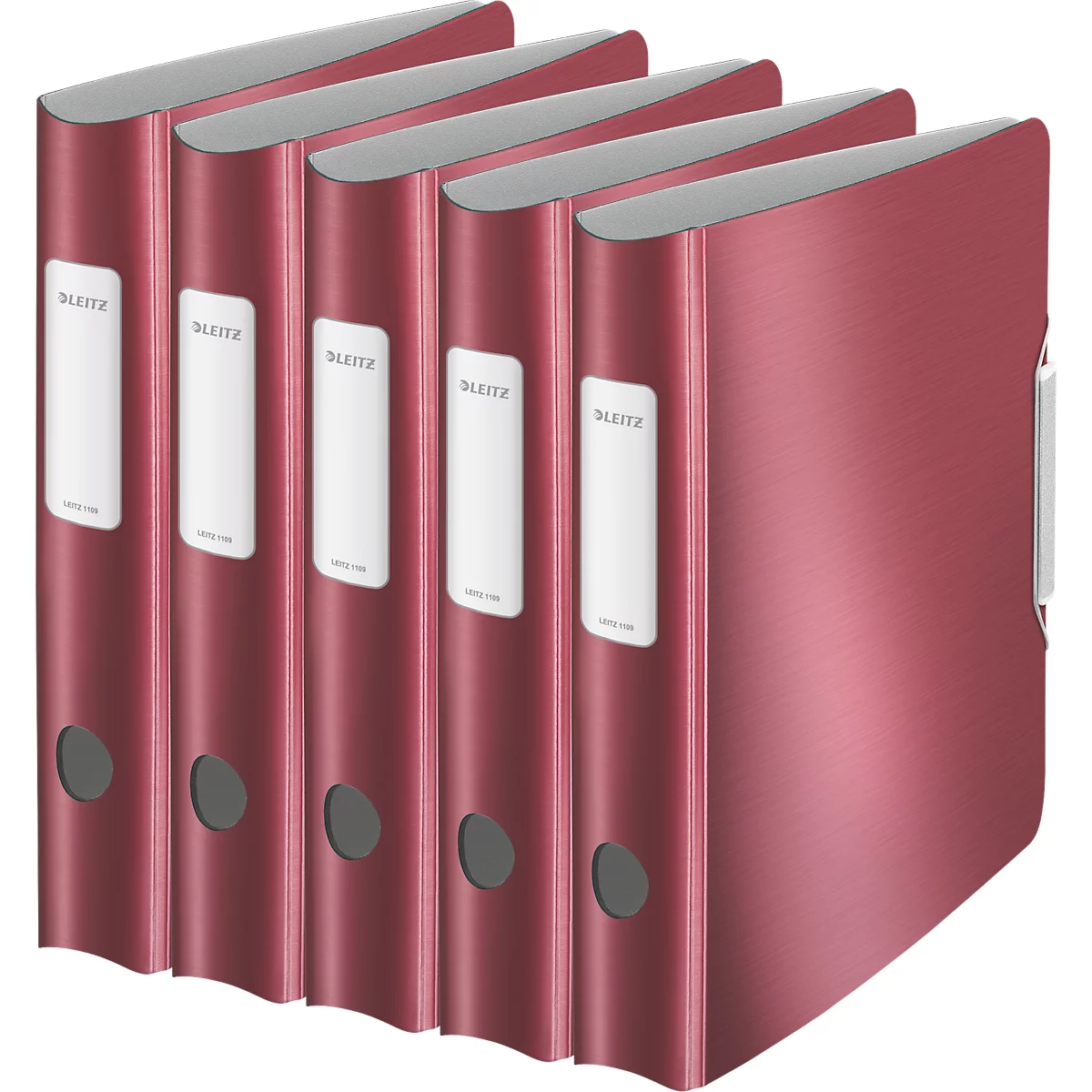 Five red file folders, lined up side by side. The folders have white labels and grey edges.