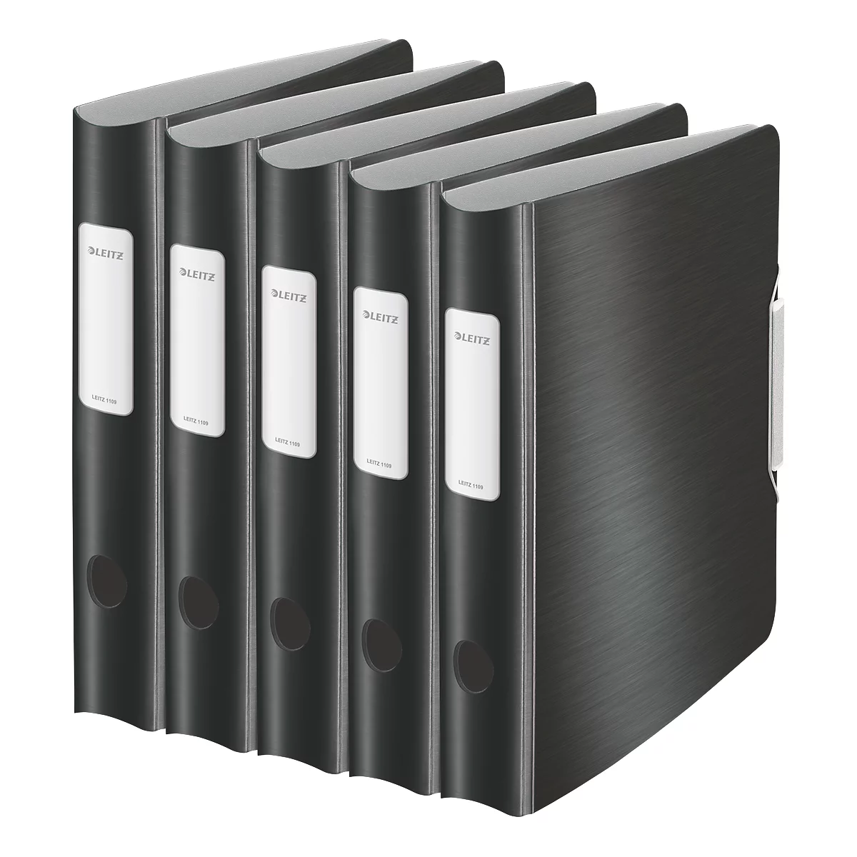 Five black binders stand side by side, with white labels and the LEITZ logo. The binders are lined up.