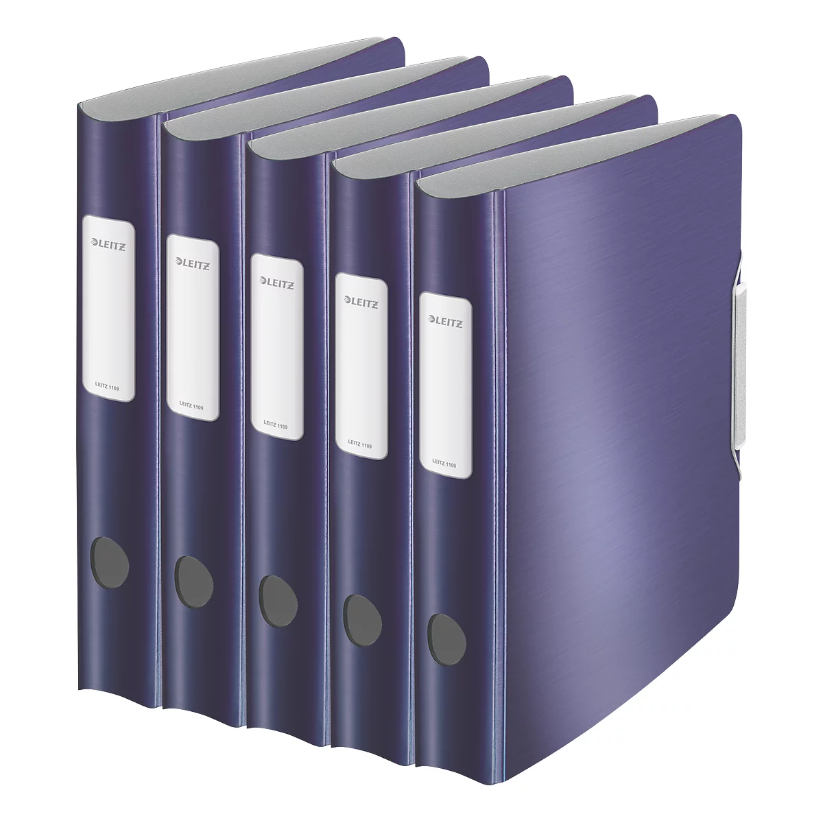 Five blue binders stand next to each other. Each binder has a white label with the brand logo 'Leitz'.