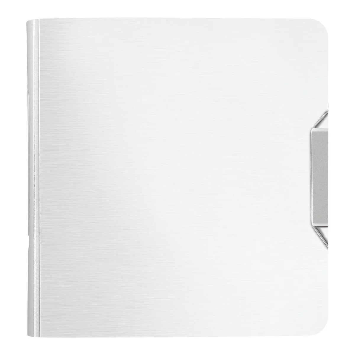 White notebook with metal clasp.