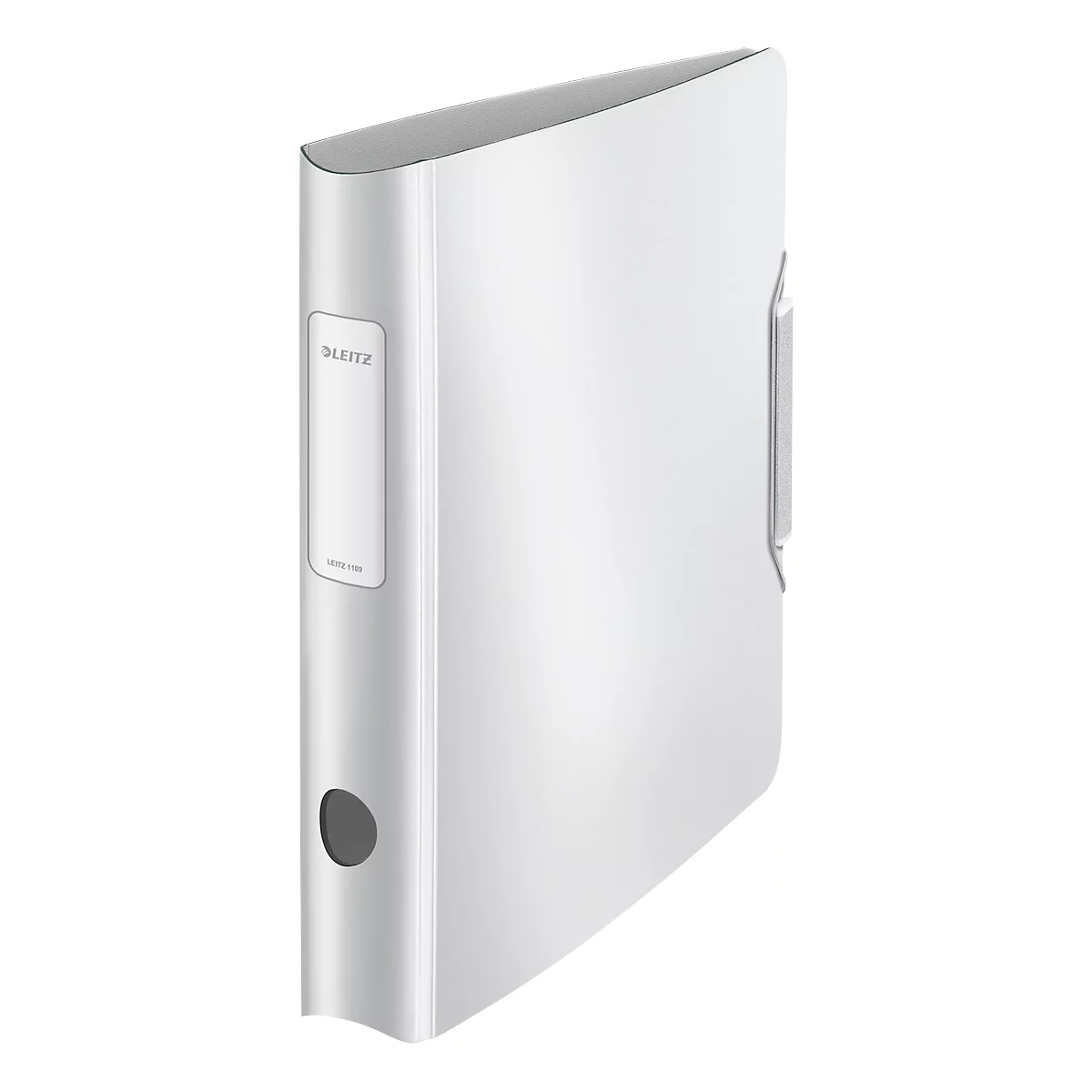 White binder with gray accents and LEITZ lettering.