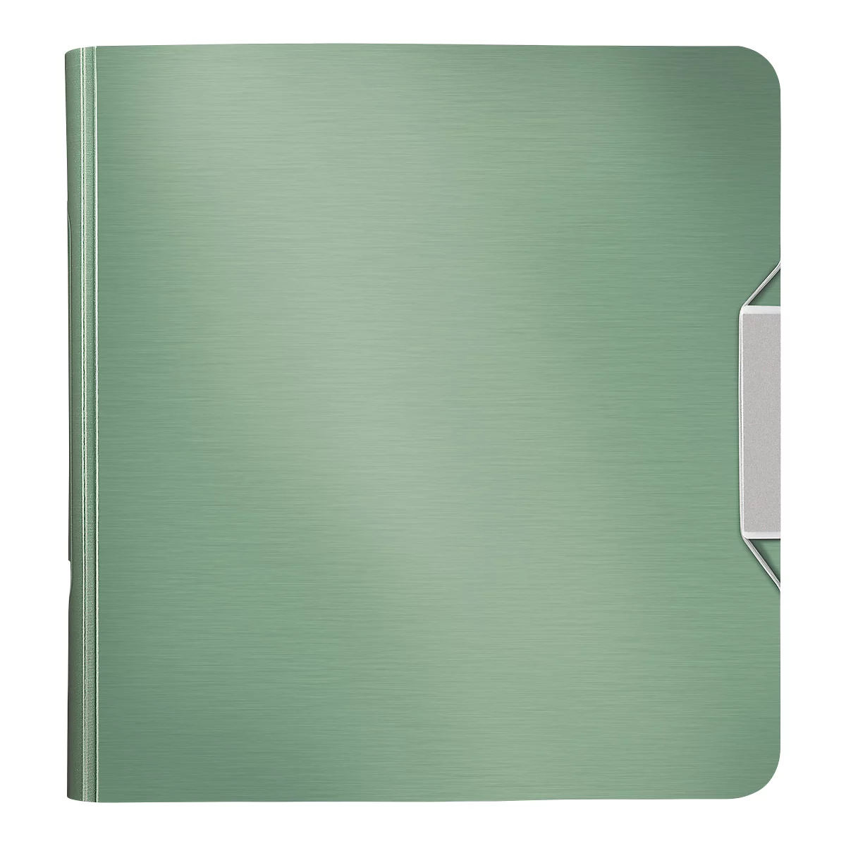 Light green book with silver metal strip and clasp. The surface of the book has a fine texture.