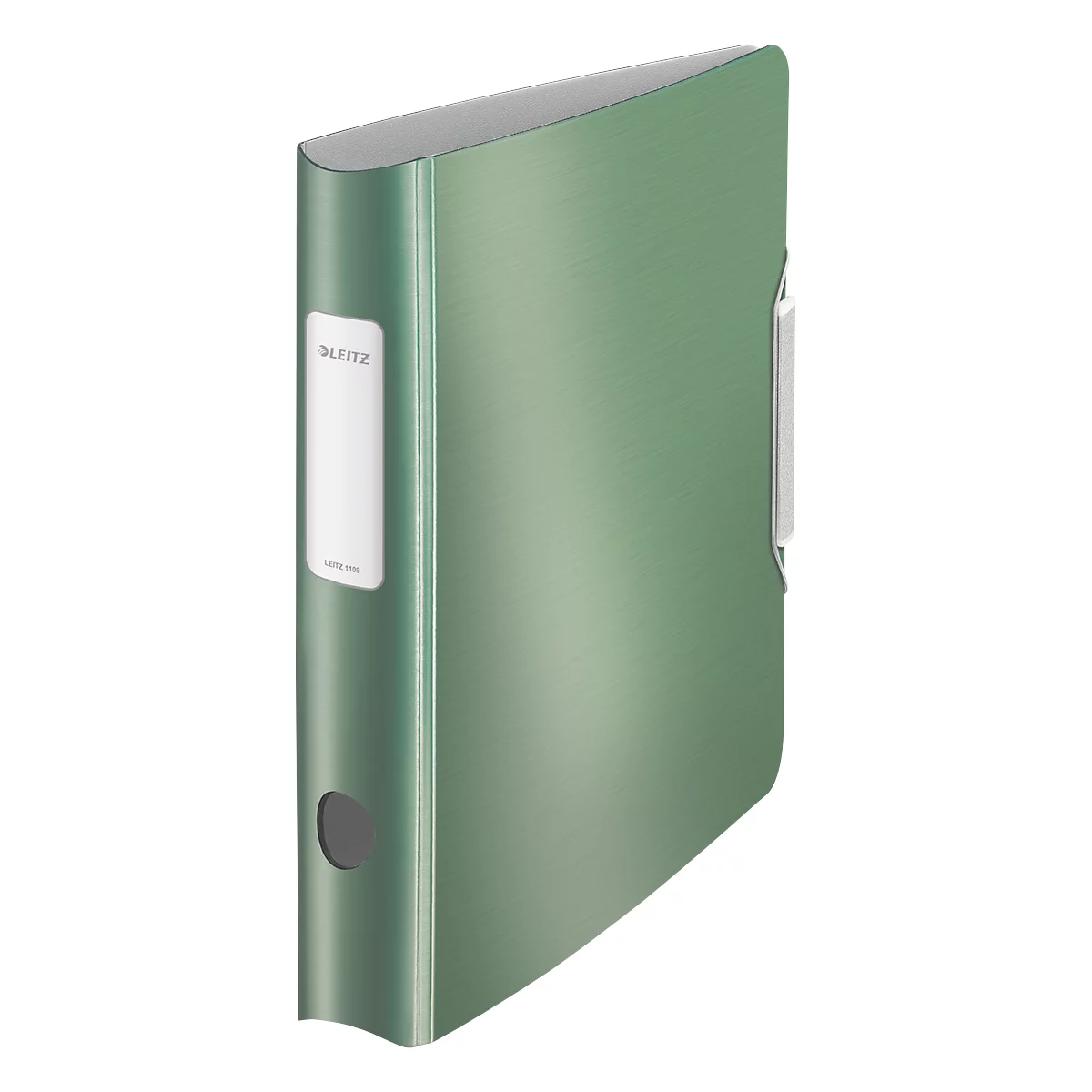 A green Leitz binder in half profile. It has a white sticker with lettering and a gray spine.
