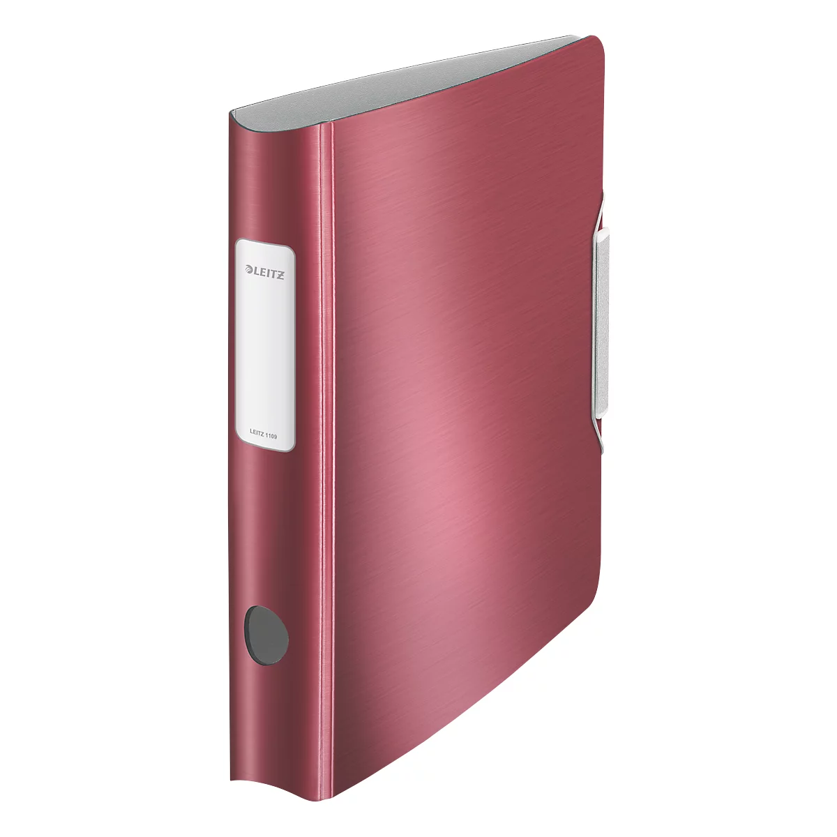 Red binder with metallic finish, white label and gray closure.