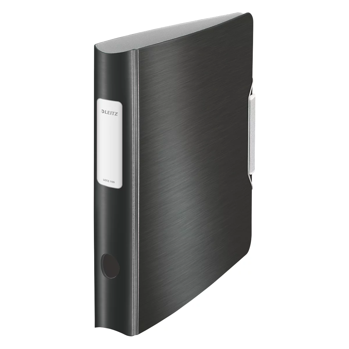 Black folder with metallic look, white label with lettering, silver mechanism.