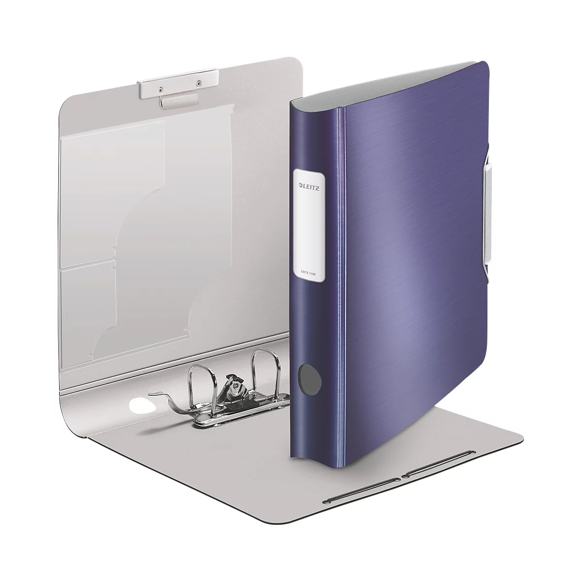 Blue binder with white label, open, with metal mechanism.