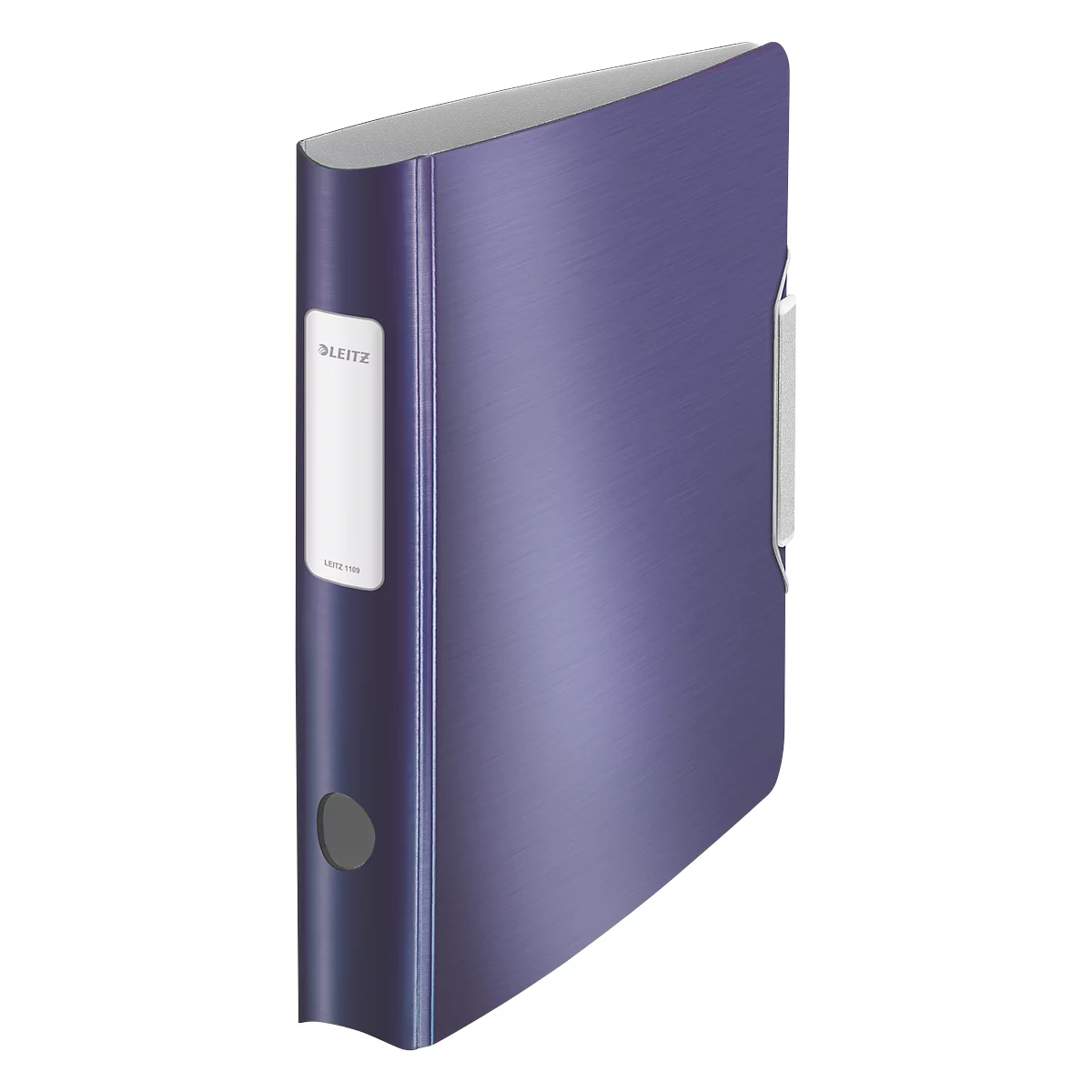 Blue binder with white label and metal clasp.