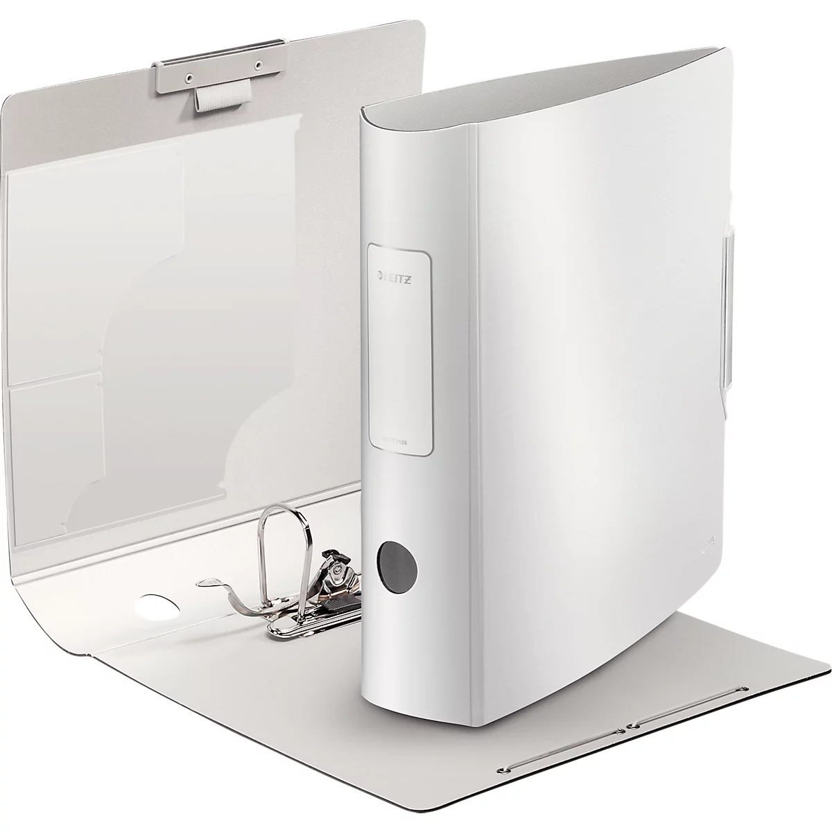 White binder, open, against a white background. Metal mechanism and black button visible.