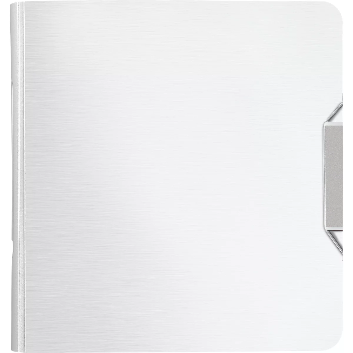 White notebook with metallic bracket. Textured surface, slight reflections.